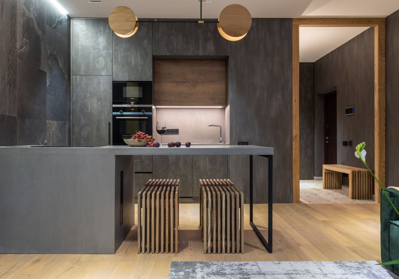 Sleek modern kitchen with a minimalist style and elegant lighting.